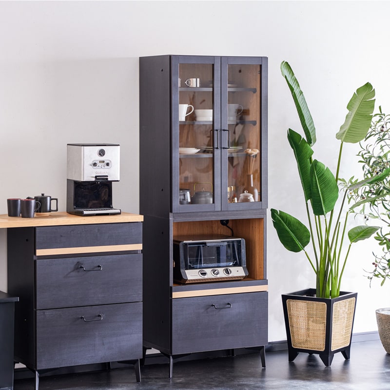 キッチンボード レンジ台 60cm 黒 脚付き 日本製 大川家具 ニュイ