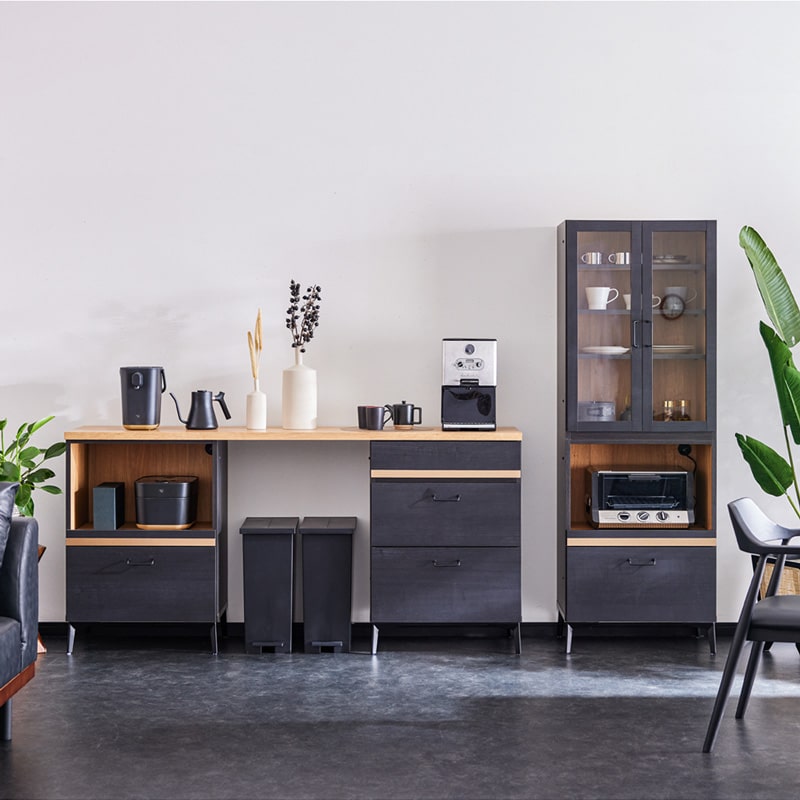 キッチンボード レンジ台 60cm 黒 脚付き 日本製 大川家具 ニュイ