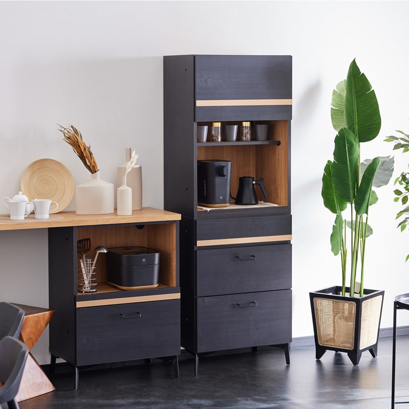 キッチンボード 食器棚 60cm 黒 脚付き 日本製 大川家具 ニュイ