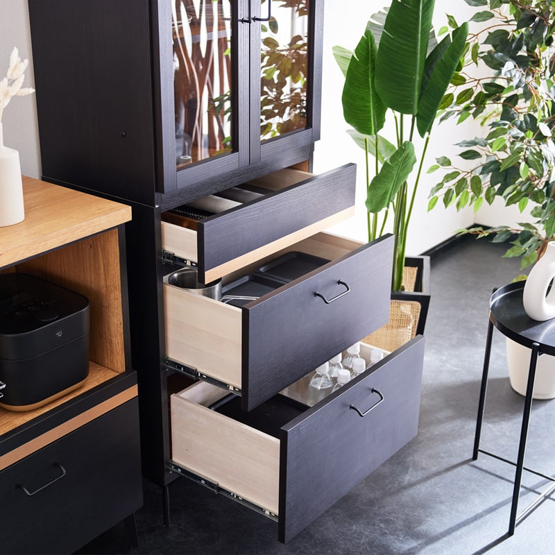 キッチンボード 食器棚 60cm 黒 脚付き 日本製 大川家具 ニュイ