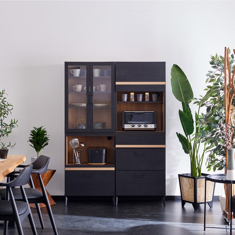 キッチンボード 食器棚 60cm 黒 脚付き 日本製 大川家具 ニュイ