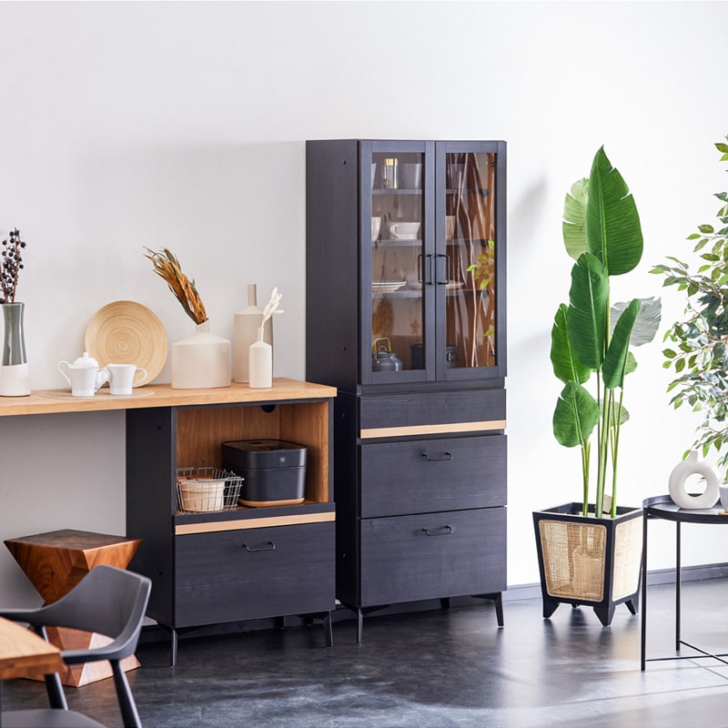 キッチンボード 食器棚 60cm 黒 脚付き 日本製 大川家具 ニュイ