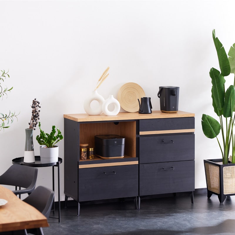 キッチンカウンター レンジ台 120cm 黒 脚付き 日本製 大川家具 ニュイ