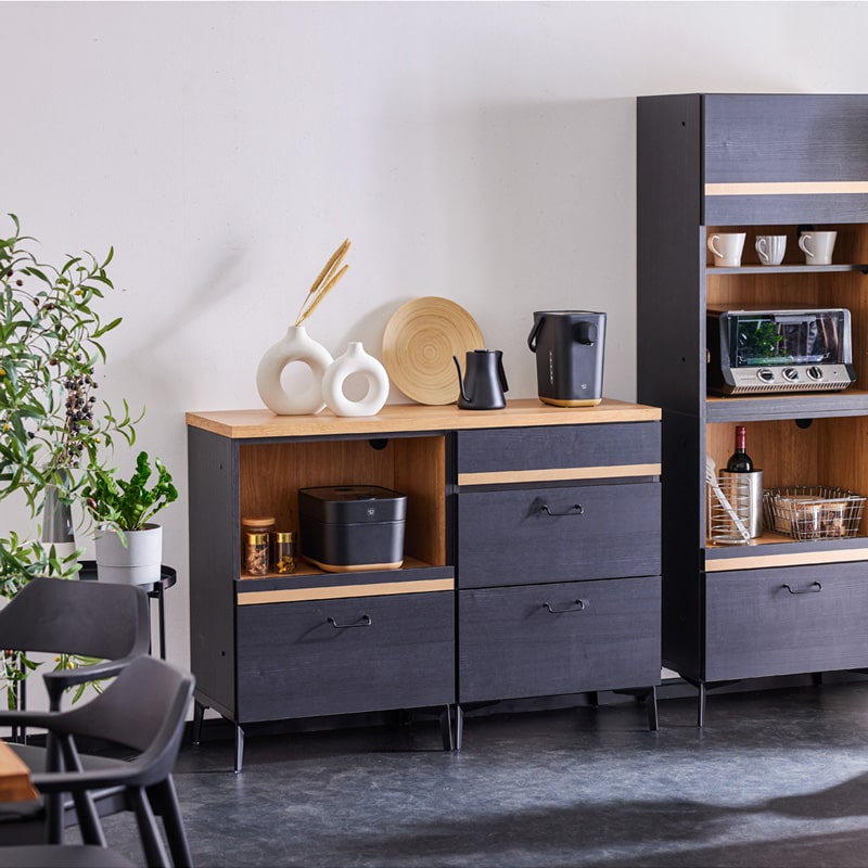 キッチンカウンター レンジ台 120cm 黒 脚付き 日本製 大川家具 ニュイ