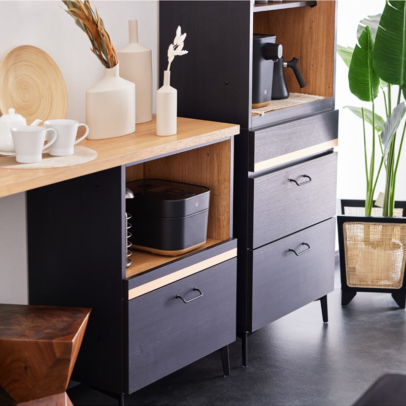 キッチンカウンター レンジ台 120cm 黒 脚付き 日本製 大川家具 ニュイ