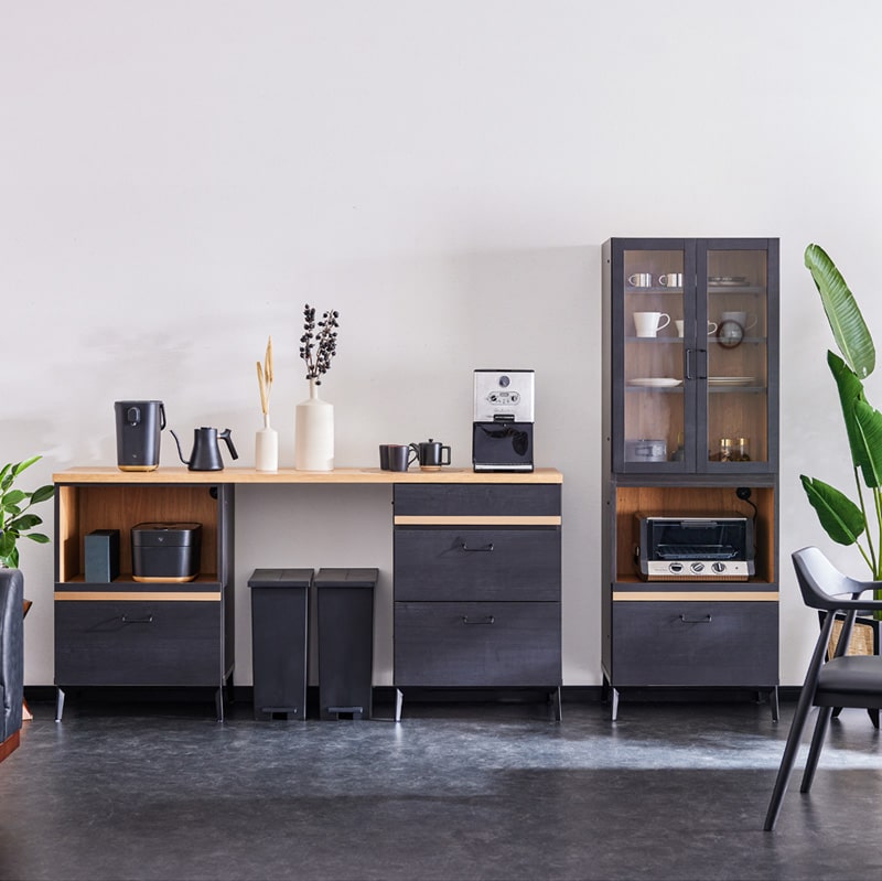 キッチンカウンター レンジ台 120cm 黒 脚付き 日本製 大川家具 ニュイ