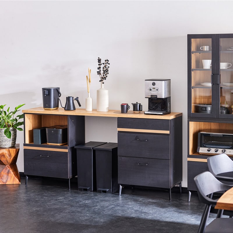 キッチンカウンター レンジ台 180cm 黒 脚付き 日本製 大川家具 ニュイ