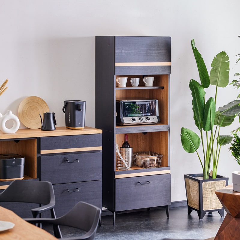 キッチンカウンター レンジ台 180cm 黒 脚付き 日本製 大川家具 ニュイ